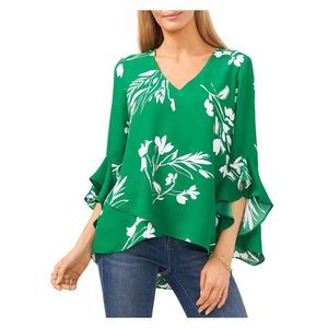 VINCE CAMUTO Womens Green Overlap Round Hem Flutter Sleeve V Neck Blouse L